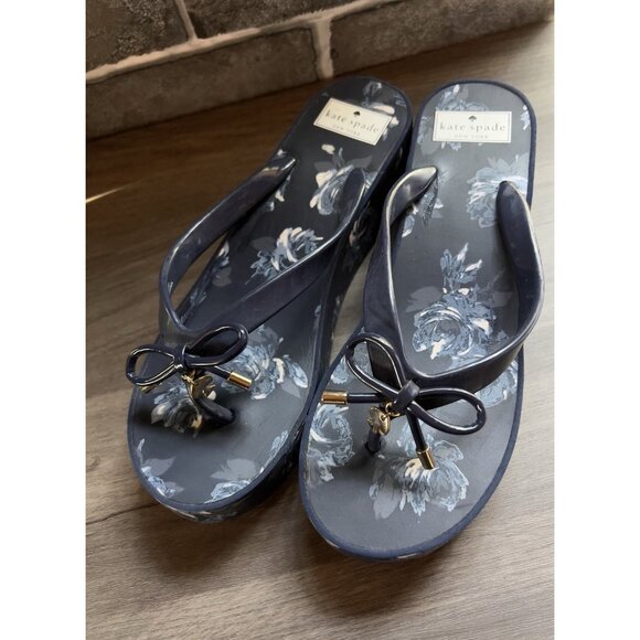 Kate Spade Blue Floral Wedge Sandals Size 9 Thong Summer Beach Party - Picture 5 of 16